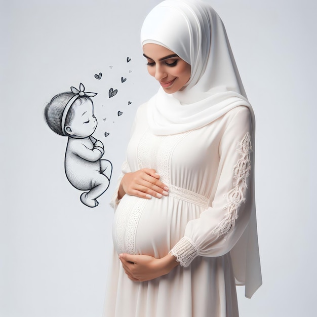 Photo générée par l'IA d'une femme musulmane enceinte regardant vers le bas en attendant un nouveau bébé