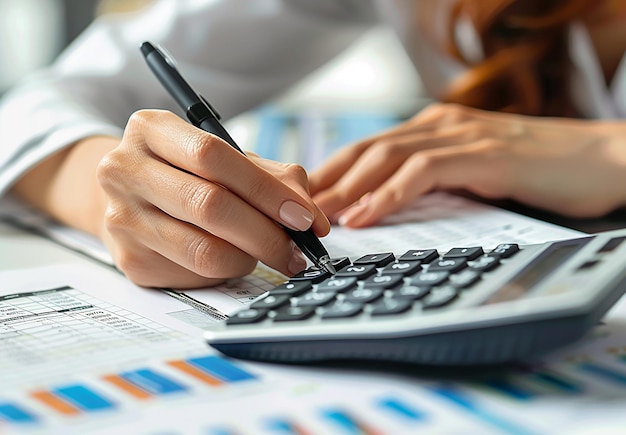 Photo d'un gestionnaire de compte de revenu tenant une calculatrice à la main et vérifiant les bénéfices de l'entreprise