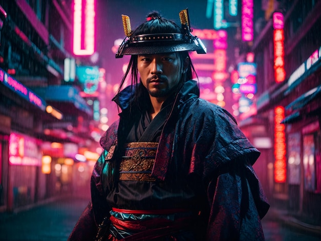 Photo photo glamour du samouraï le samouraï cyberpunk entouré d'un éclairage au néon de la ville réaliste