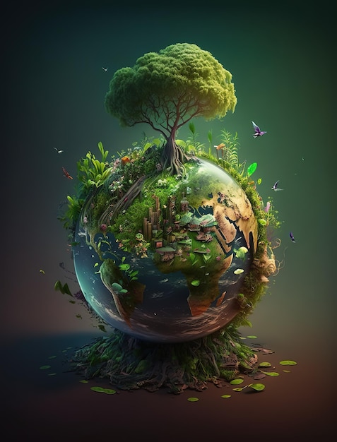 Une photo d'un globe avec un arbre dessus