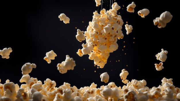 Une photo de grains de pop-corn suspendus en l'air