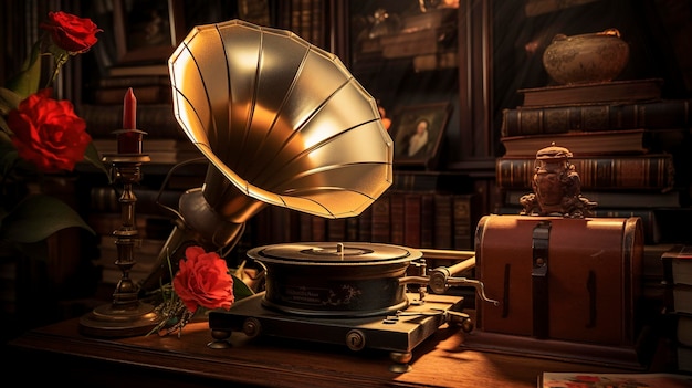 Une photo d'un gramophone vintage et de disques