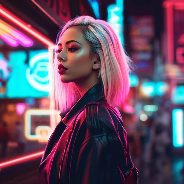 Une photo grand angle d'une fille cyberpunk blonde sans yeux bleus brillants Ina neon city