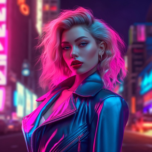 Une photo grand angle d'une fille cyberpunk blonde sans yeux bleus brillants Ina neon city