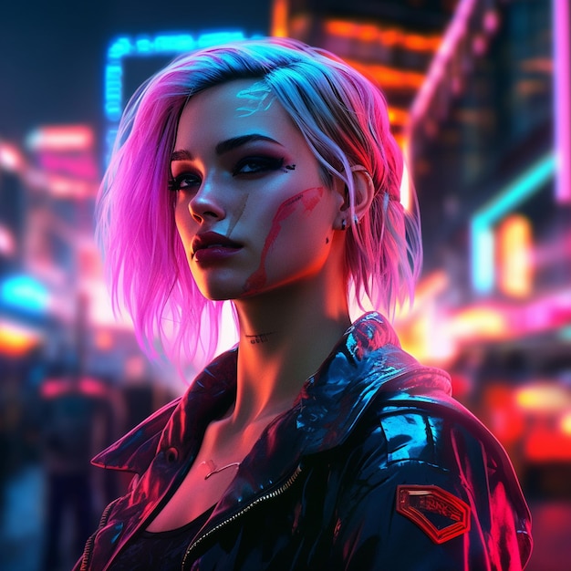 Une photo grand angle d'une fille cyberpunk blonde sans yeux bleus brillants Ina neon city