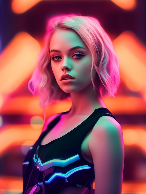 Une photo grand angle d'une fille cyberpunk blonde sans yeux bleus brillants Ina neon city