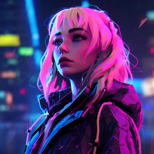 Une photo grand angle d'une fille cyberpunk blonde sans yeux bleus brillants Ina neon city