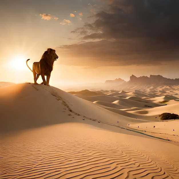 Une photo grand angle d'un lion debout sur une dune de sable avec un vaste paysage désertique en arrière-plan