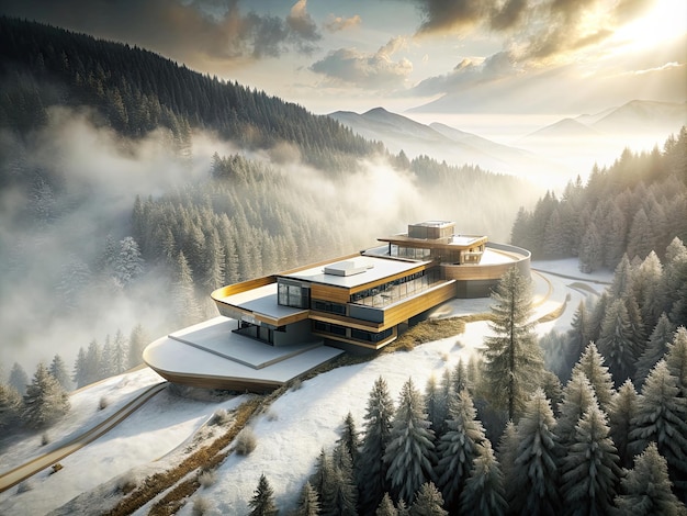 Photo grand angle d'une maison futuriste moderne dans une vallée entourée de brouillard et d'arbres