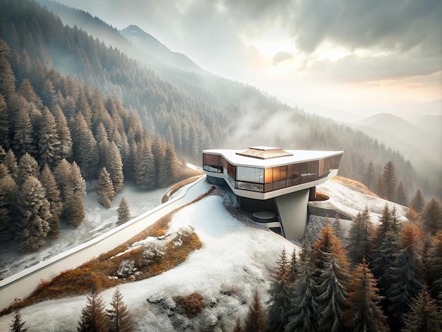 Photo grand angle d'une maison futuriste moderne dans une vallée entourée de brouillard et d'arbres