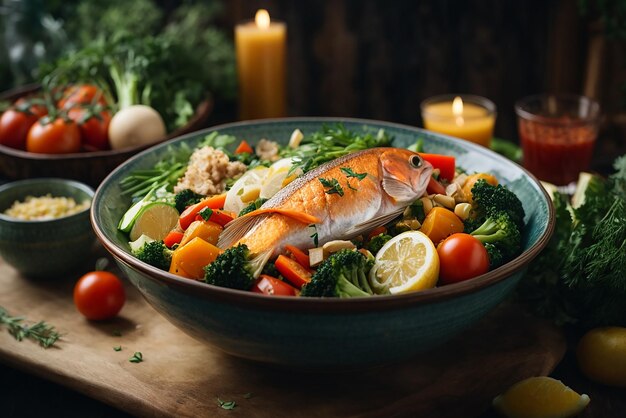 Photo photo d'un grand bol de nourriture avec du poisson et des légumes