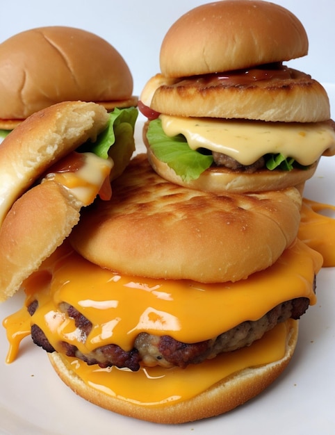 Photo grand cheeseburger double cheddar avec côtelette de poulet avec des ingrédients volants isolés sur Burger