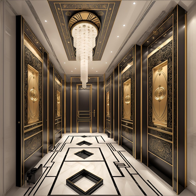 Photo d'un grand couloir avec un superbe lustre suspendu au plafond