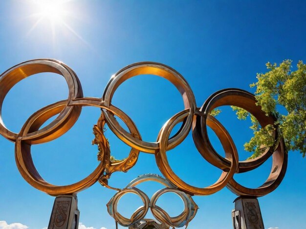 Photo photo un grand ensemble d'anneaux olympiques brille à la lumière du soleil contre le ciel bleu