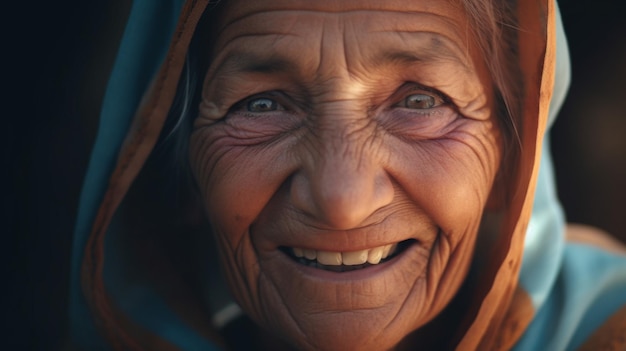 Une photo d'une grand-mère qui sourit magnifiquement et sincèrement