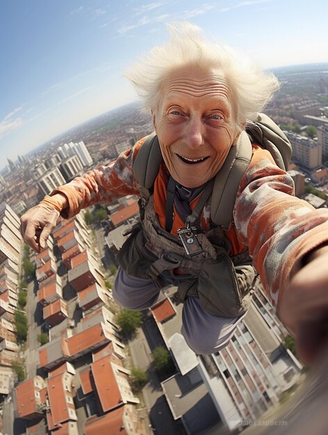 photo d'une grand-mère survolant la ville