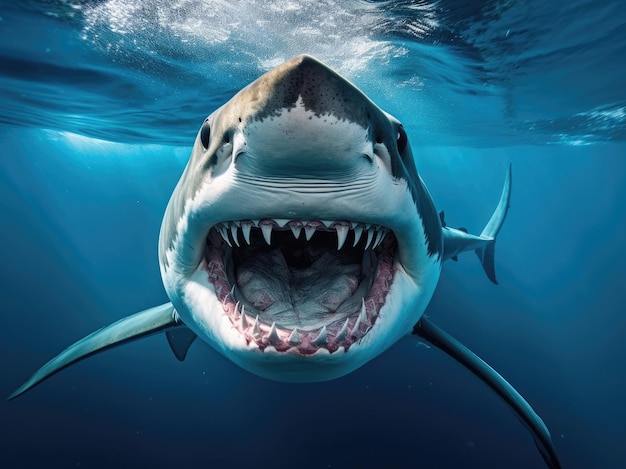 Photo d'un grand requin dans l'eau bleue regardant dans l'appareil photo