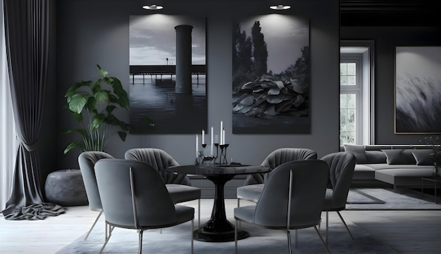 Photo grand salon des maîtres aux couleurs gris noir foncé ensemble de chaises et une table générative ai