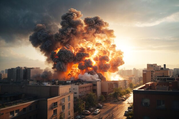 Photo photo d'une grande explosion vue depuis la fenêtre d'un immeuble.