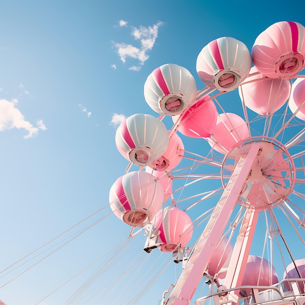 Photo d'une grande roue et de ballons roses à proximité