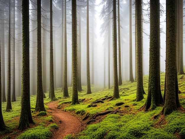 photo de grands arbres dans la forêt dans les montagnes couvertes de brouillard