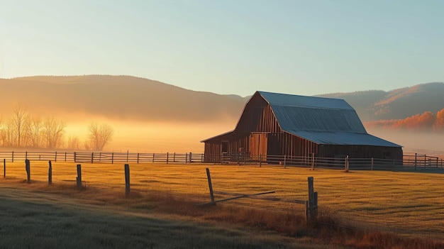 Une photo d'une grange au petit matin