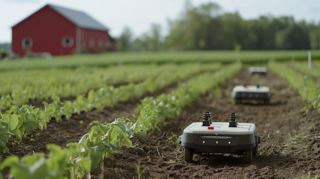 Une photo d'une grange avec des robots agricoles autonomes