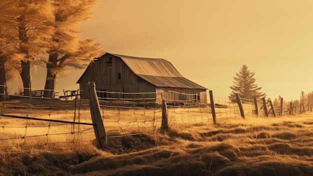 Une photo d'une grange rurale à l'heure d'or