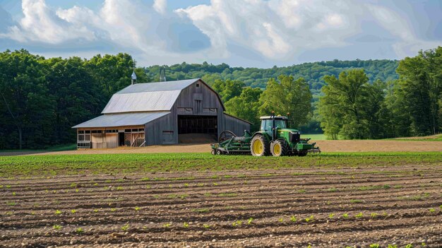 Une photo d'une grange avec un tracteur guidé par GPS stationné à l'extérieur