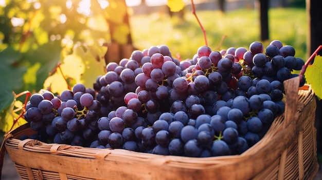 Une photo d'une grappe de raisins fraîchement cueillis dans une vigne