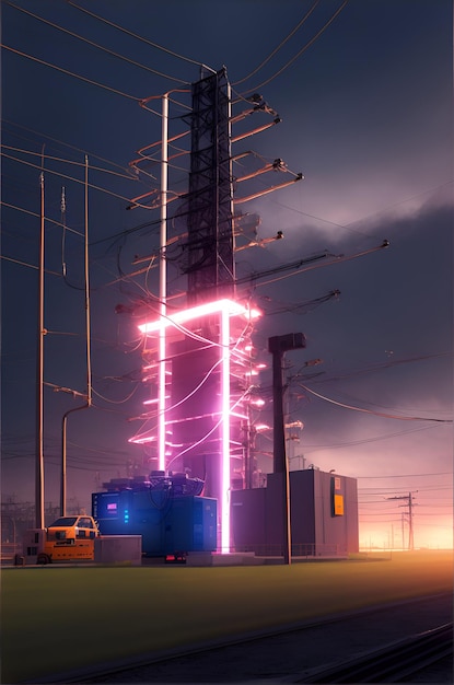 Photo d'un gratte-ciel éclairé par un panneau au néon vibrant