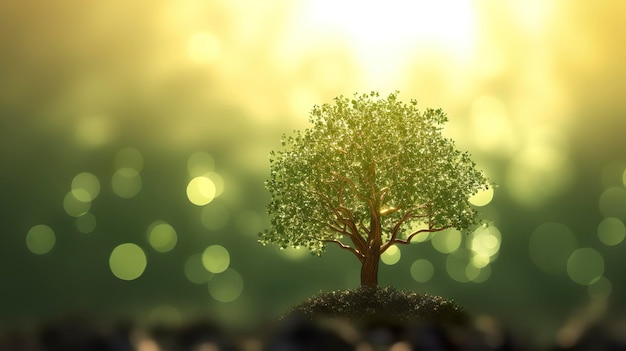 Photo gratuite arrière-plan 3d du soleil qui brille sur un arbre sur un arrière-plan bokeh généré ai