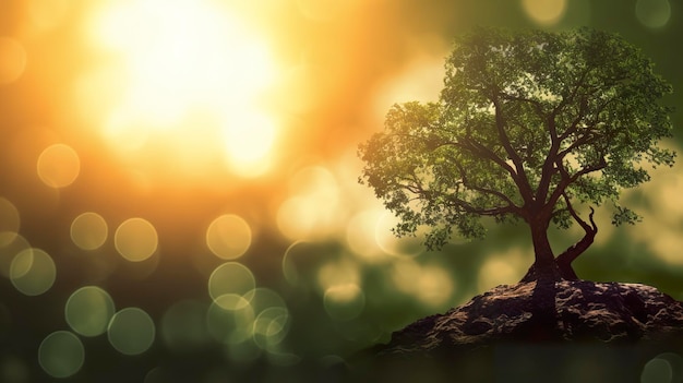 Photo gratuite arrière-plan 3d du soleil qui brille sur un arbre sur un arrière-plan bokeh généré ai