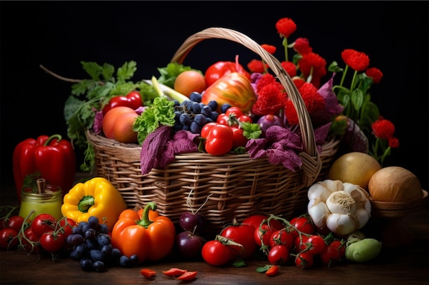 photo gratuite d'un beau panier rempli de légumes et de fruits