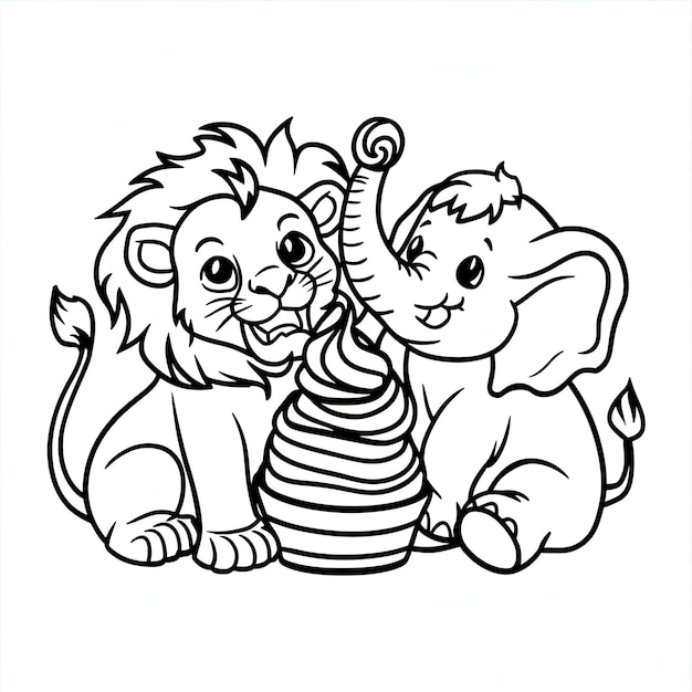 Photo gratuite Bébé lion avec bébé éléphant avec crème glaçante