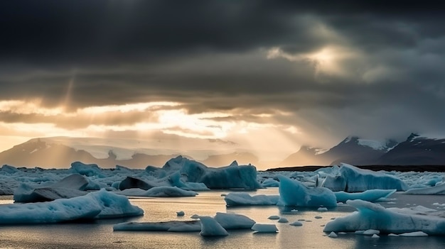 Photo gratuite belle lagune glaciaire jokulsarlon en islande avec des rayons de soleil d'un ciel nuageux sombre générat ai