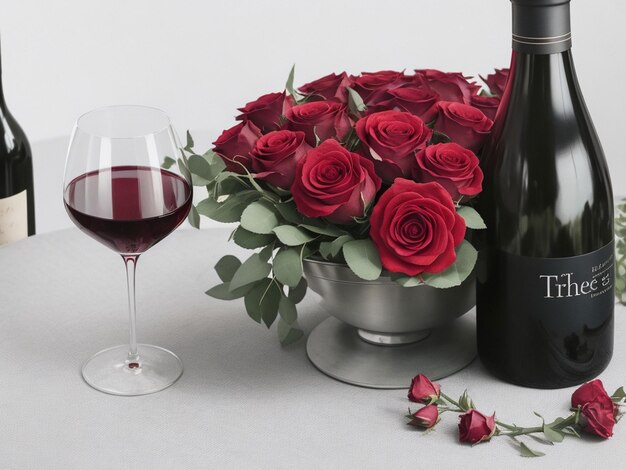 Photo gratuite bouquet de vin de roses et signe de bruyère sur table grise