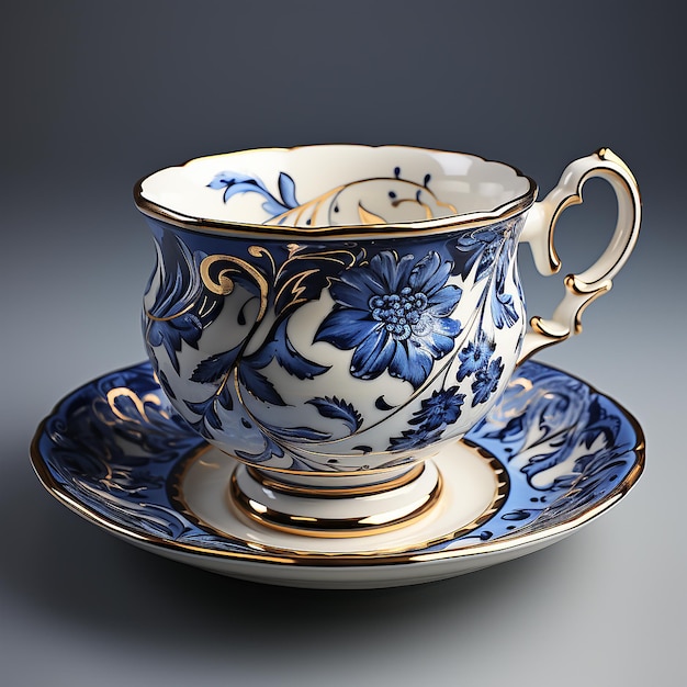 Photo gratuite Coupe de thé en porcelaine bleue et blanche sur fond classique