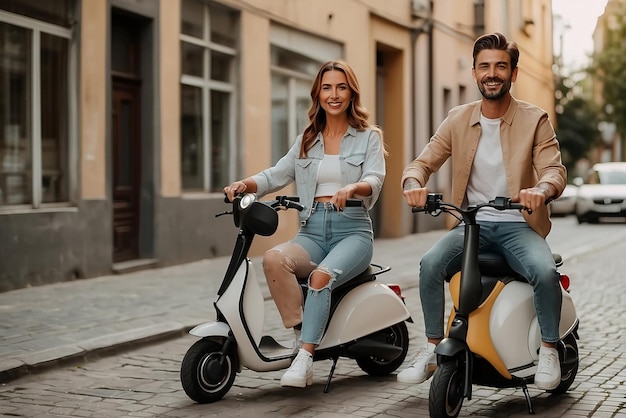 Photo gratuite couple souriant posant ensemble à l'extérieur sur des scooters électriques Mini mobilité