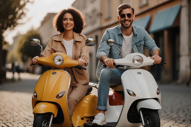 Photo gratuite couple souriant posant ensemble à l'extérieur sur des scooters électriques Mini mobilité