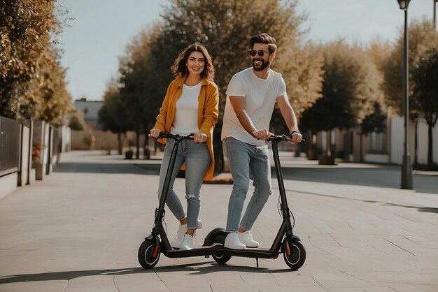 Photo gratuite couple souriant posant ensemble à l'extérieur sur des scooters électriques Mini mobilité