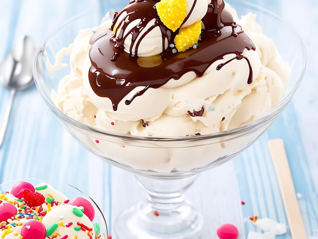 Photo gratuite dessert indulgence gourmande glace vanille chocolat sur cornet gaufré ai générative