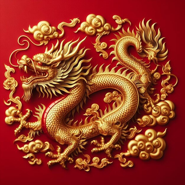 Photo gratuite du Dragon d'or du Nouvel An chinois sur fond rouge