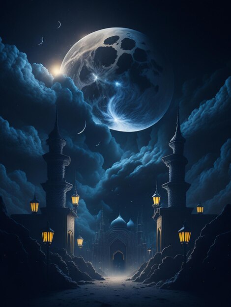 Photo gratuite du Ramadan islamique Kareem Eid Mubarak lampe royale élégante et le paysage de la porte sainte de la mosquée