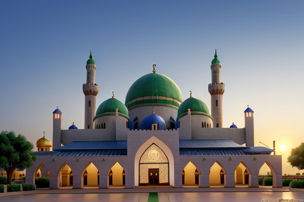Photo gratuite du Ramadan Kareem Eid Mubarak La mosquée le soir avec la lumière du soleil en arrière-plan