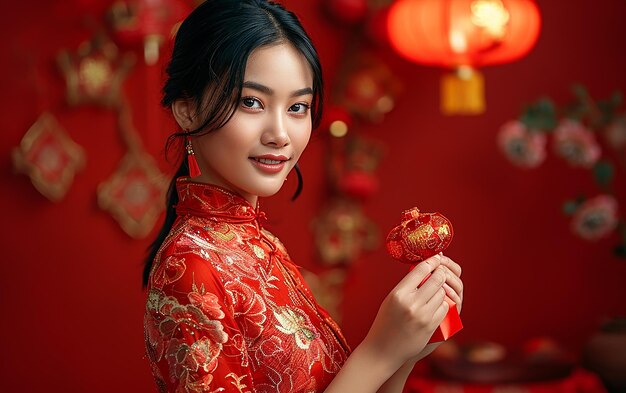 Photo gratuite d'une femme asiatique félicitant le Nouvel An chinois montrant un lingot d'or isolé sur un fond rouge