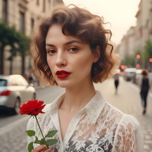 Photo gratuite femme aux cheveux ondulés en chemise claire avec de la dentelle noire reniflant une fleur dans la ville femme tendre wi