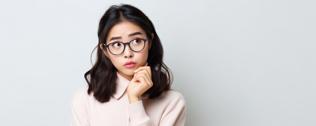 Photo gratuite une fille asiatique à lunettes pense qu'elle tient un stylo