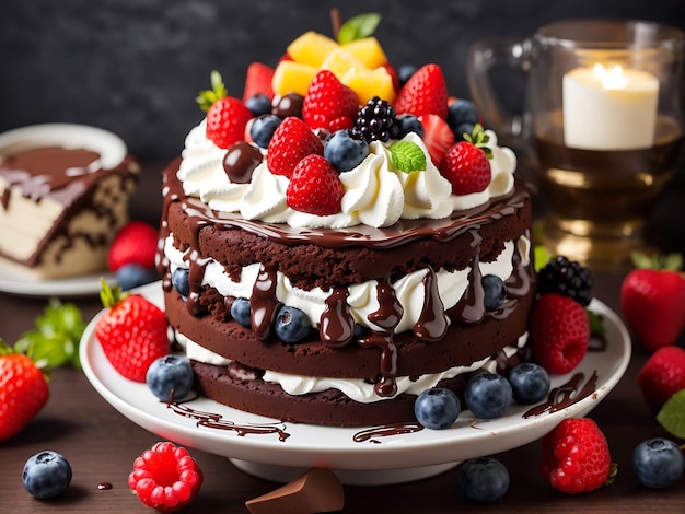 Photo gratuite gâteau au chocolat avec crème fouettée et fruits