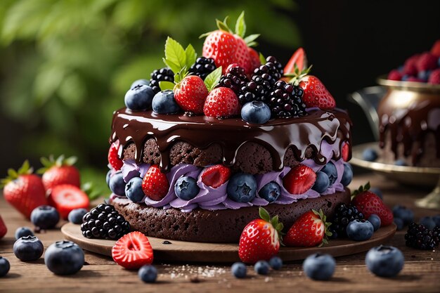 Photo gratuite gâteau au chocolat décoré de fruits des bois, myrtilles, fraises et mûres ai